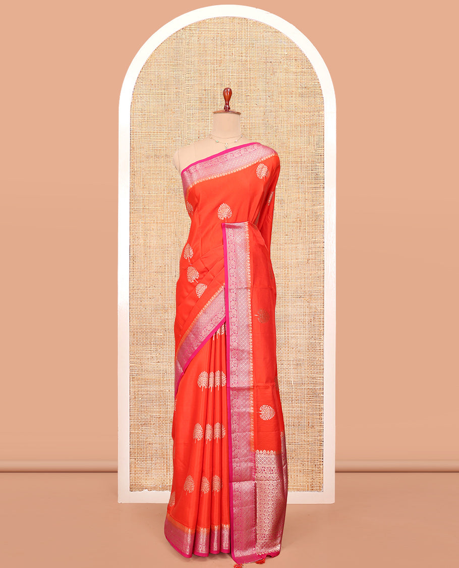 Orange Satin Silk Saree, Embellished with Tree Buttas All Over Its Body, Complemented by a Contrast Traditional Zari Design Border, Intricately Designed Pallu, and Paired with a Contrast Blouse