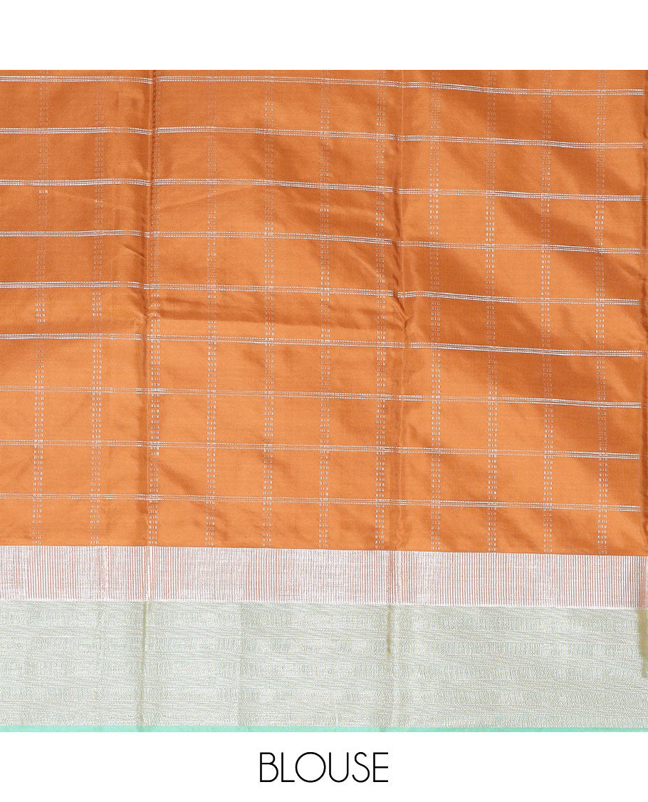 Brown checked gift saree with contrast rettai pettu zari border & striped pallu