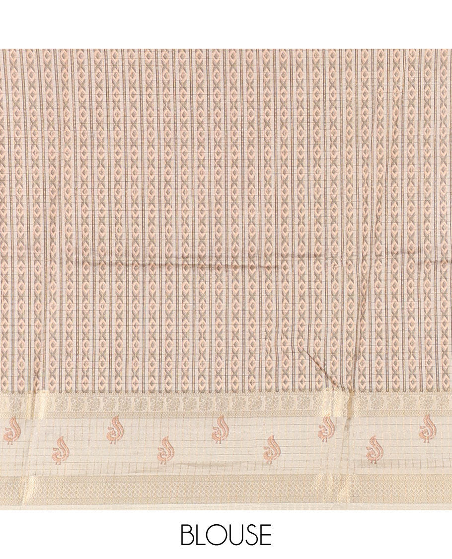 Maroon gold zari checked katan silk saree with contrast traditional zari border of peacock print, peacock printed pallu, and contrast printed blouse