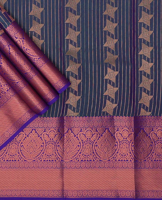 Blue geometric design art silk pavadai material with contrast zari design border & zari design blouse