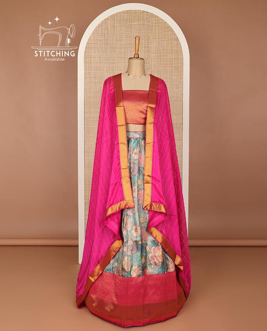 Blue floral printed half saree with contrast zari border, zari design blouse & floral zari design dhavani