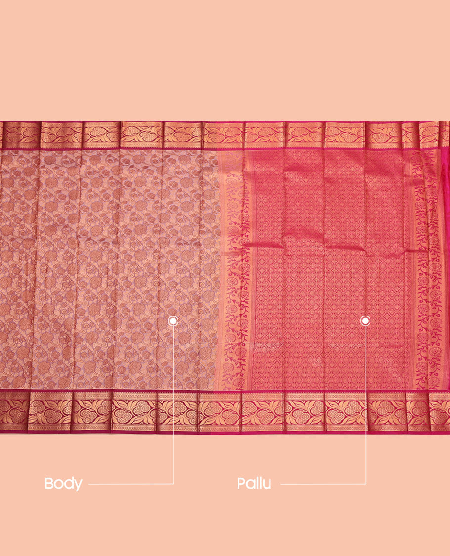 Peach Budget Silk Saree, Sparsely Woven with Floral Jacquard, Complemented by Contrast Floral Creeper Zari Border, Intricate Pallu, and a Contrast Blouse