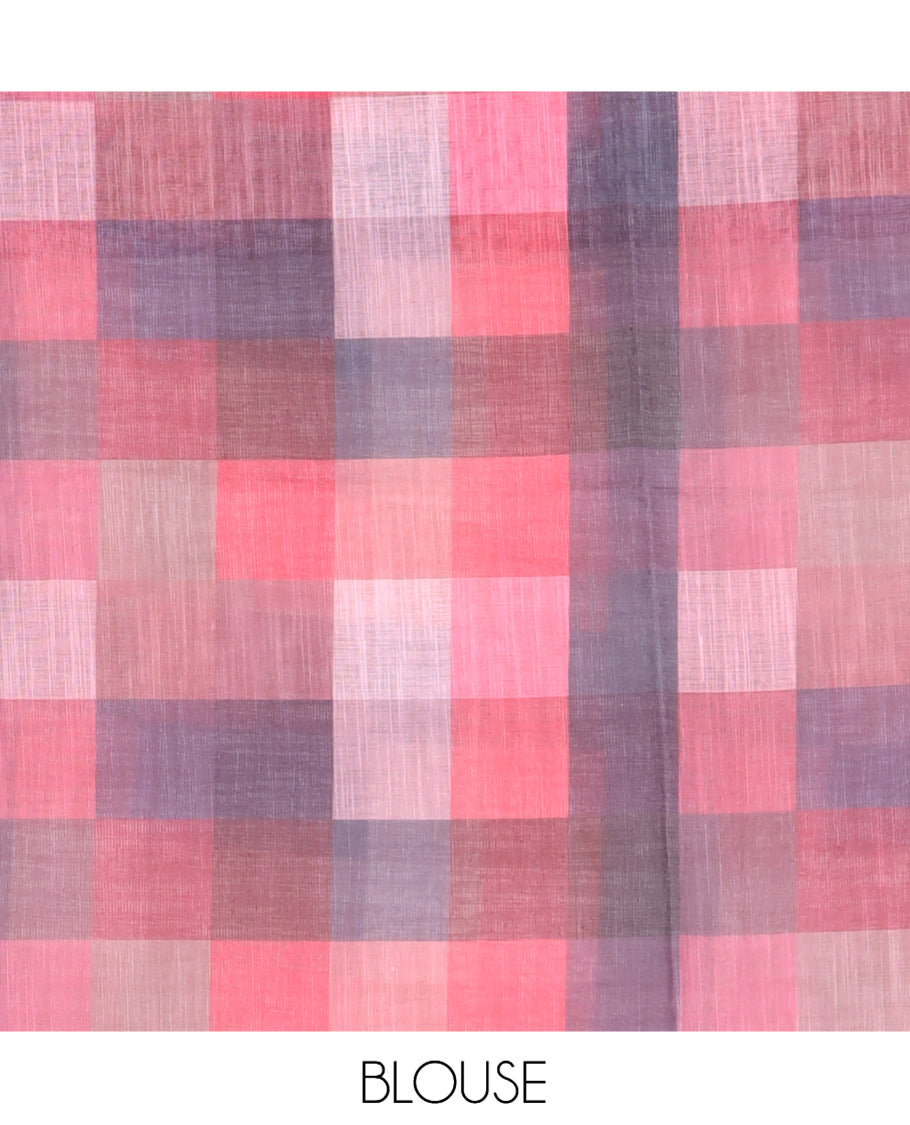 Cream-Dusky Pink Plain Handloom Cotton Saree, a Contrast Checked Border, Checked Pallu, and a Contrast Blouse