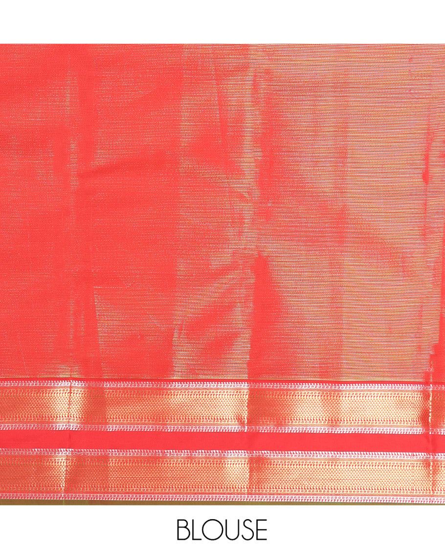 Green Vasundhara Lite Silk Mix Saree, Delicately Woven with Zari Stripes on Its Body, Complemented by a Contrast Rettai Pettu Border of Ara Bogudi, Paisa, Banaras, and Ara Maadam Designs, a Grand Pallu, and Paired with a Contrast Blouse