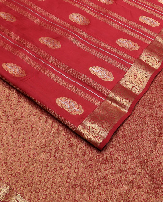 Red manga zari buttas vasundhara silk mix saree, intricate pallu & border of salngai, neli & mayil enclosed manga