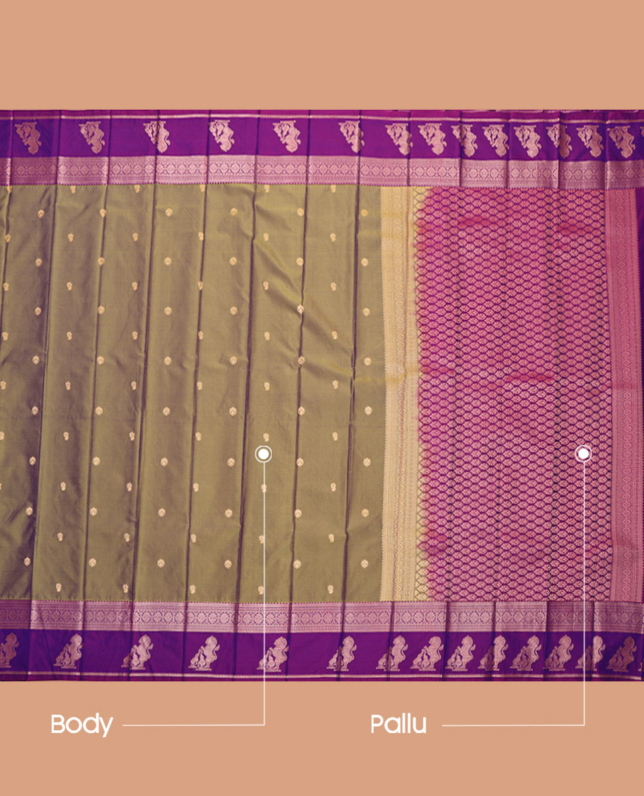 Green Budget Silk Saree, Decorated with Zari Buttas, Complemented by a Contrast Traditional Zari Border of Singam Designs, Grand Pallu, and a Contrast Blouse