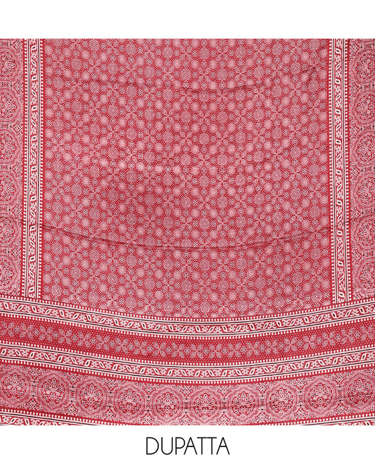 Red Material Chudidhar Set, Bedecked with Ajrakh Patch Work and Mirror Work, Vichitra Silk Top, Plain Santoon Bottom, and Chinon Silk Dupatta Featuring Intricate Ajrakh Prints