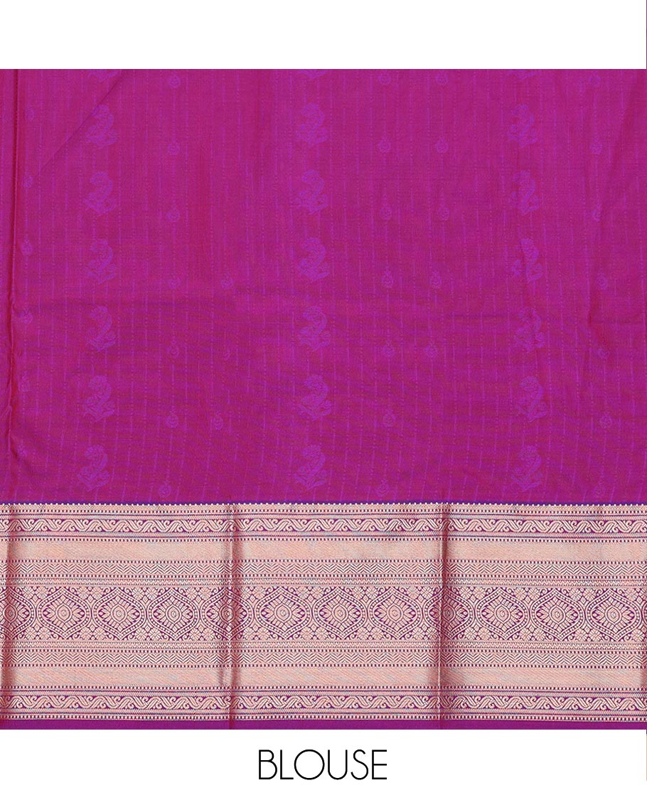 Red Art Silk Pavadai Material Set, Beautified with Zari Designs on Its Skirt, Complemented by a Contrast Traditional Zari Design Border, and Paired with a Contrast Blouse