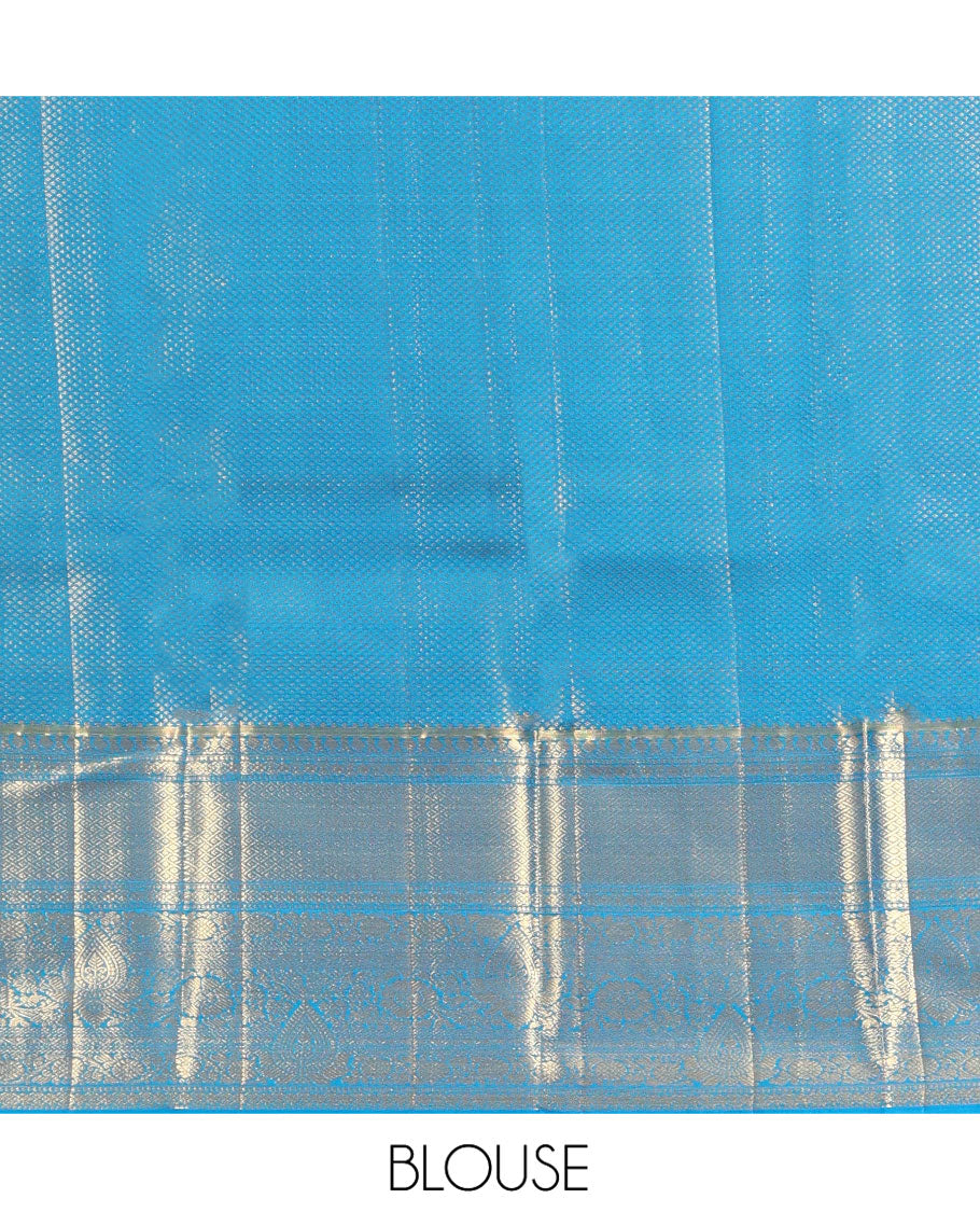 Blue Kanchipuram Tissue Silk Saree, Elegantly Framed with Jacquard Designs on Its Body, Highlighted by a Zari Border of Traditional Designs, Intricately Designed Pallu, and Paired with a Matching Blouse