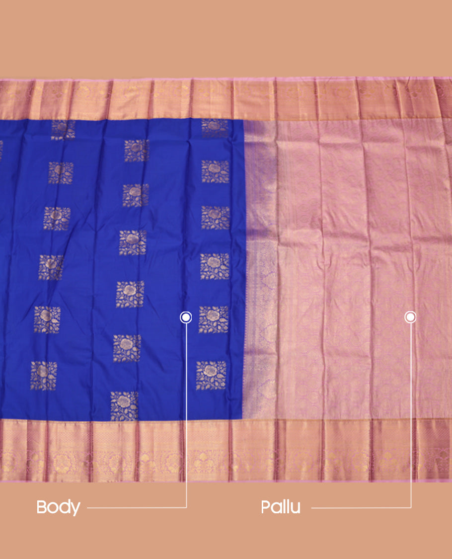 Royal Blue Budget Silk Saree, Accentuated with Zari Buttas, Complemented by Contrast Traditional Zari Border, Grand Pallu and a Contrast Blouse