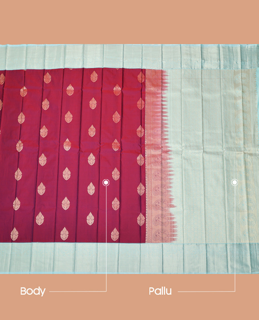 Wine Budget Silk Saree, Decked Up with Zari Buttas All Over Its Body, Complemented by a Contrast Traditional Zari Design Border, Sparsely Woven Jaal Pallu, and Paired with a Contrast Blouse