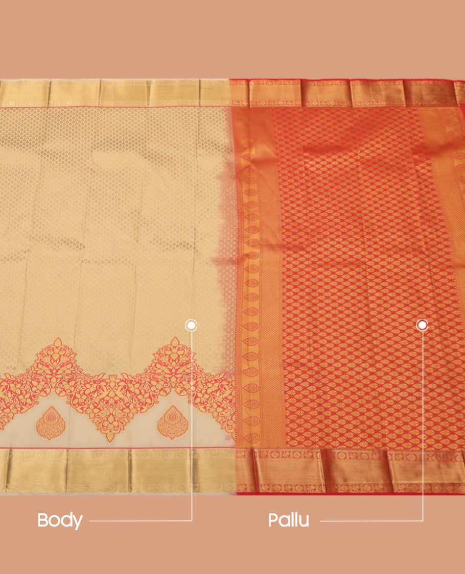 Sandal Budget Silk Saree, Subtly Sparkled with Jacquard Designs, Highlighted by a Traditional Zari Border, Contrast Grand Pallu, and Contrast Blouse
