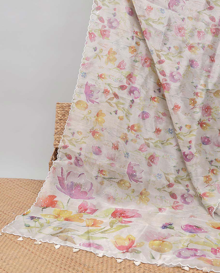pista green floral printed with beads embroidery organza saree & scallop border