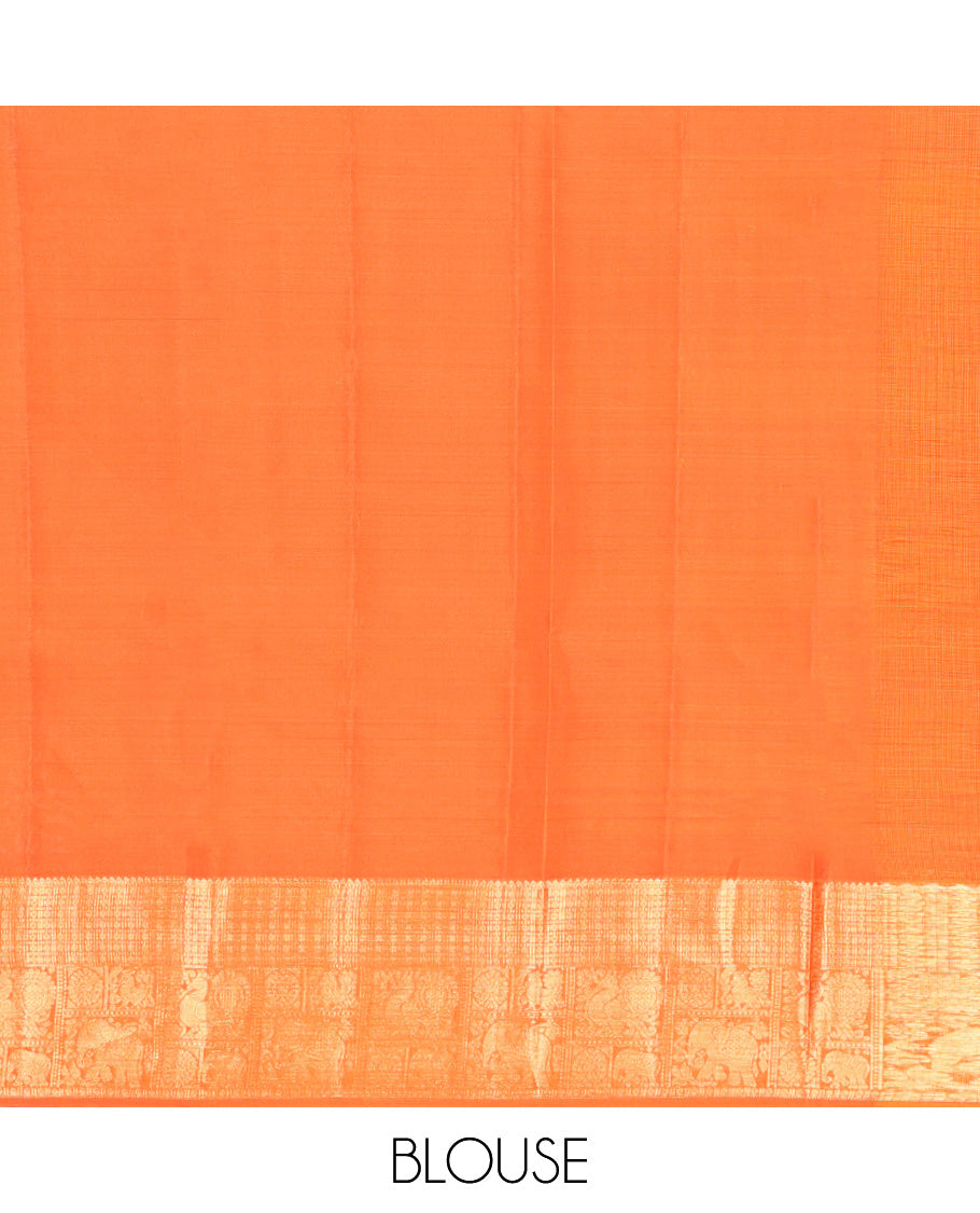 Orange-White Checked Vasundhara Lite Silk Mix Saree, a Zari Border of Mayil, Chakram, and Yaanai Designs, Grand Pallu, and a Matching Blouse
