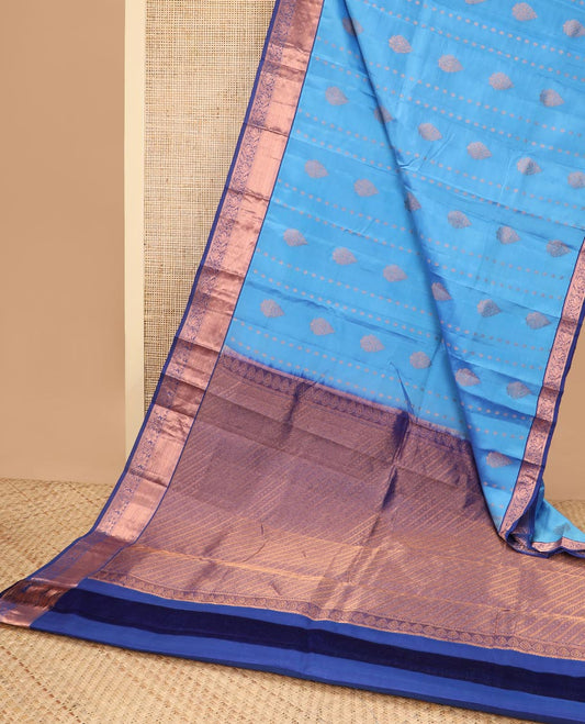 Blue floral buttas vasundhara elite silk saree with contrast intricate zari design border & striped floral design pallu