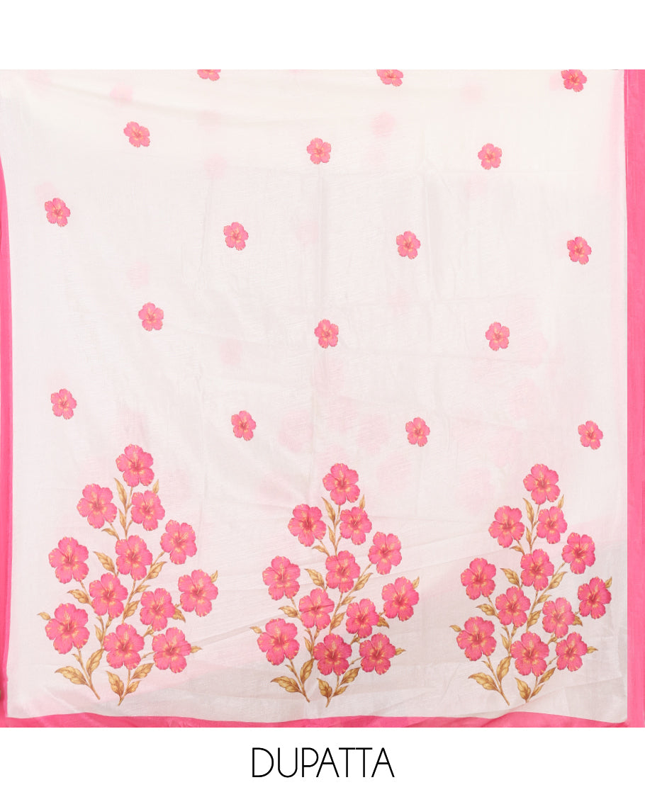 Cream-Pink Semi-Silk Material Chudidar, Floral Printed Top, Matching Bottom, Floral Printed Dupatta