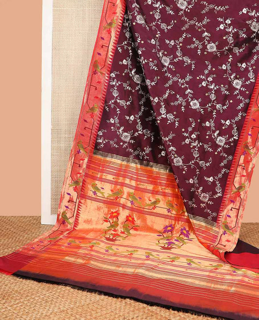 Marron floral design paithani silk saree with parrot design border & floral design pallu