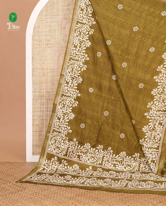 Olive green batik-style floral butta printed Malgudi silk saree, batik floral design printed piping zari border & floral printed pallu