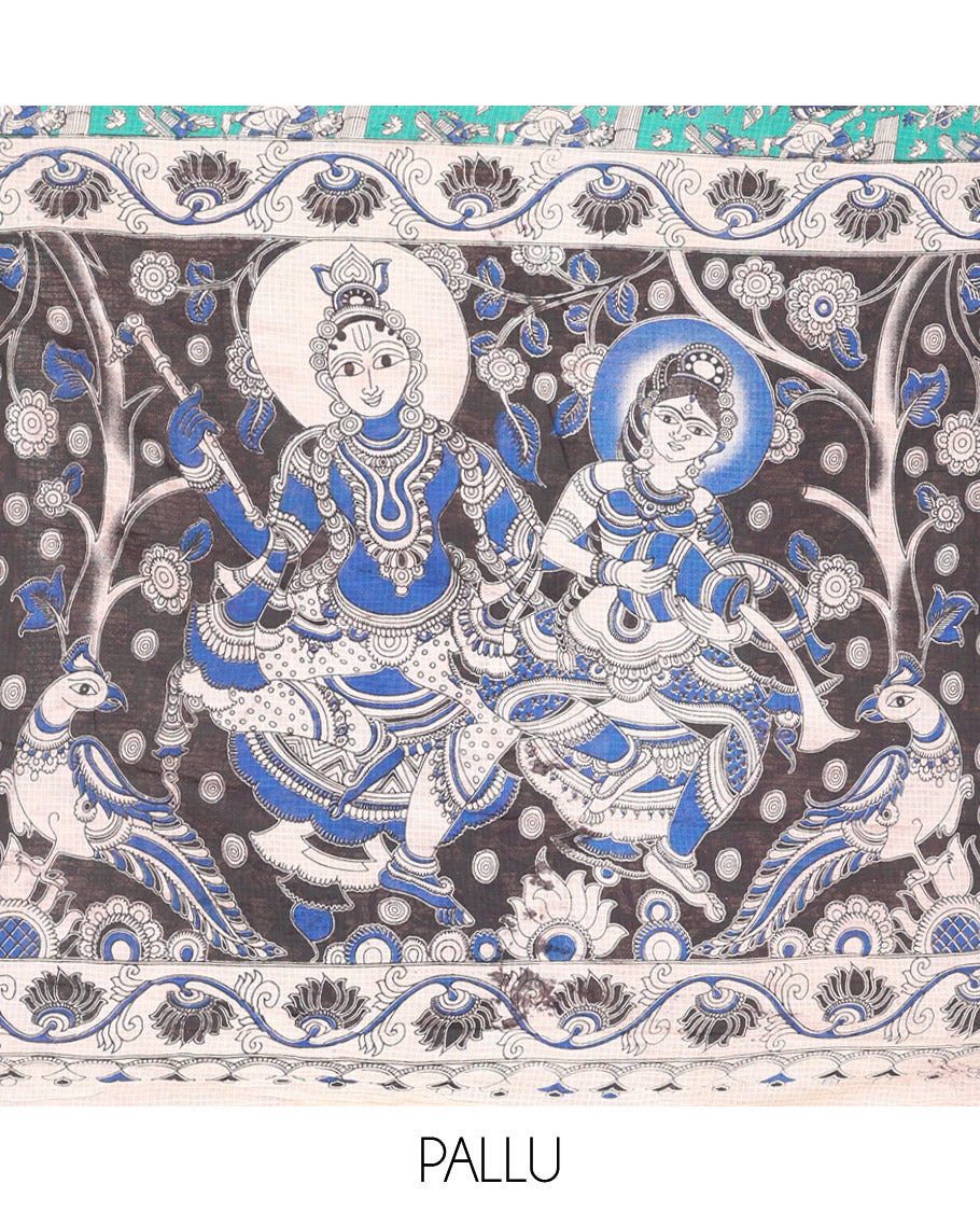 Borderless Turquoise Kalamkari Cotton Saree Features Human Motifs Print, Contrast Ancient Human Printed Kalamkari Pallu, and a Contrast Blouse