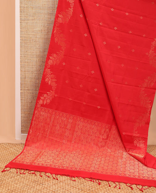 Red floral motifs mayuri soft silk saree with self zari design border & floral jaal design pallu