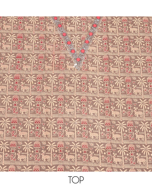 Fawn Cotton Material Churidar Set, Detailed with Warli Motif Top, a Contrast Chevron Printed Bottom, and Chevron Printed Dupatta