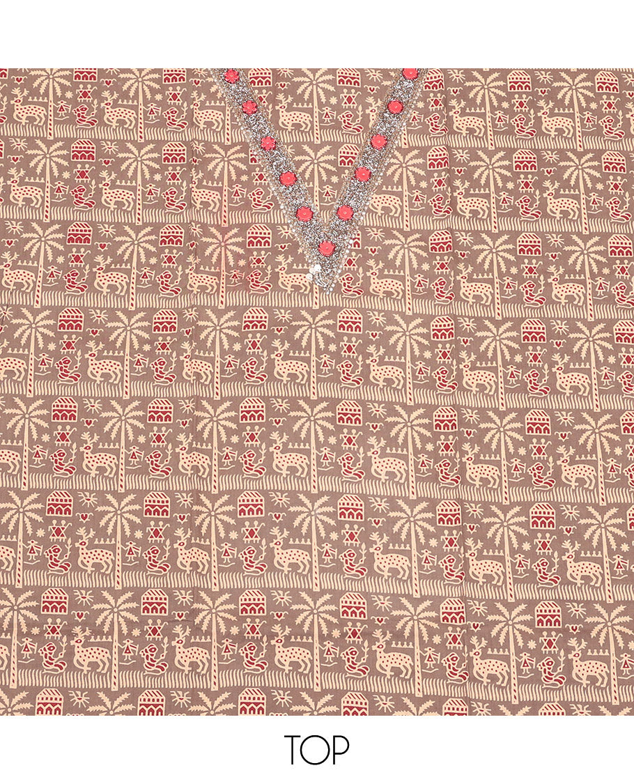 Fawn Cotton Material Churidar Set, Detailed with Warli Motif Top, a Contrast Chevron Printed Bottom, and Chevron Printed Dupatta