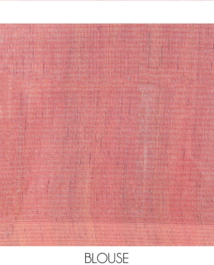 Borderless Dark Peach Tussar Silk Saree, Subtly Sparkled by Checks on Its Body, Subtle Woven Pallu of Stripes, and Paired with a Matching Blouse