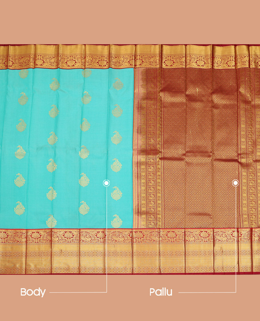 Blue Budget Silk Saree, Enthralled with Zari Buttas on Its Body, Complemented by a Contrast Traditional Zari Design Border, Grand Jaal Pallu, and Paired with a Contrast Blouse