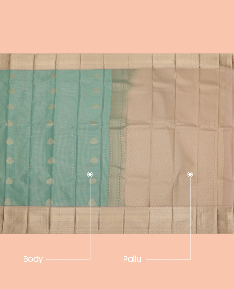 Pale Blue Budget Silk Saree, Subtly Sparkled with Zari Buttas and Stripes, Complemented by Contrast Traditional Zari Border, Jaal Pallu, and a Contrast Blouse
