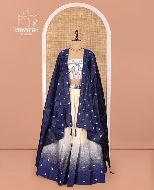 Cream-Blue Semi-Silk Half-Saree Features Flower Buttas Skirt, Contrast Border, Matching Blouse, Contrast Dhavani