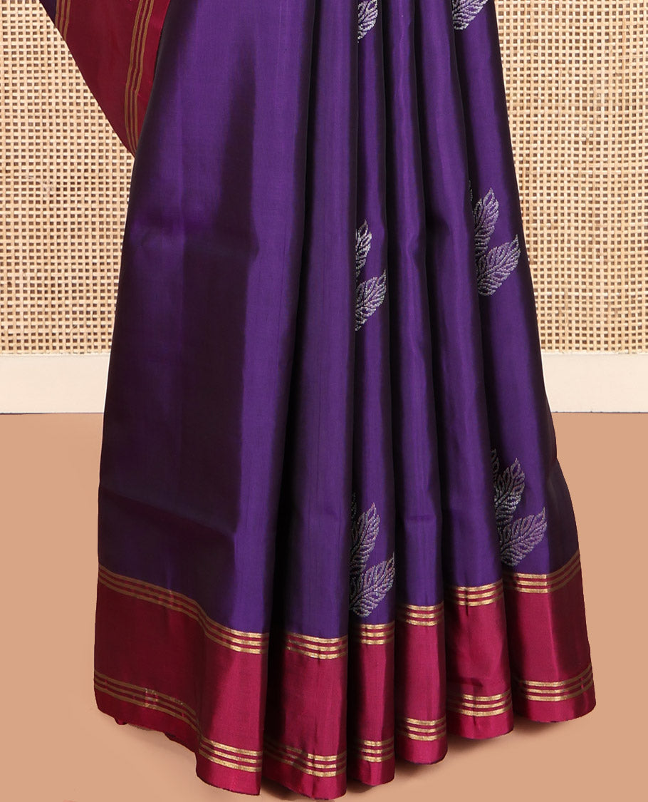 Violet Mayuri Lite Silk Mix Saree, Enriched with Leaf Buttas, Complemented by a Contrast Striped Border, Pallu of Jaal Designs, and a Contrast Blouse