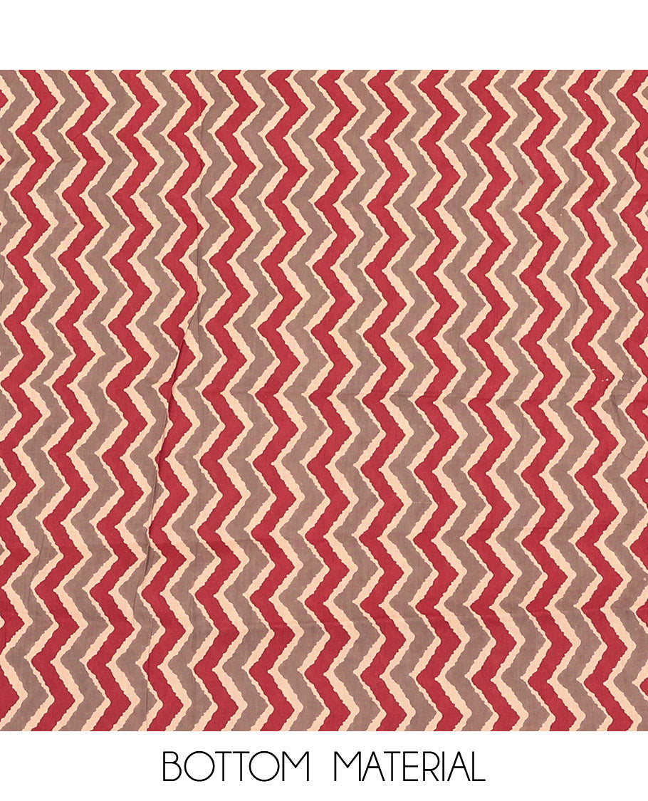 Fawn Cotton Material Churidar Set, Detailed with Warli Motif Top, a Contrast Chevron Printed Bottom, and Chevron Printed Dupatta