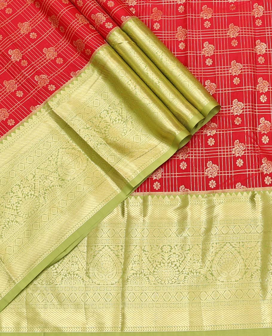 Red Art Silk Material Half Saree Set, Spotlighted with Zari Design Skirt, a Contrast Traditional Zari Design Border, Contrast Blouse, and an Intricate Dhavani