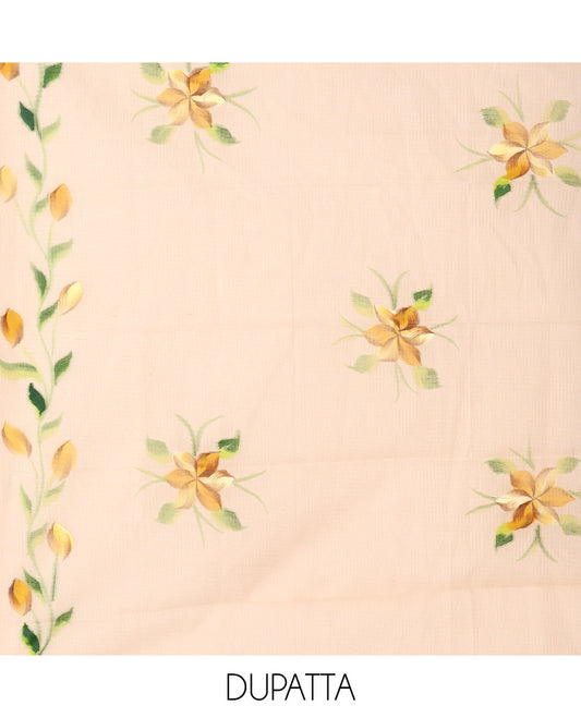 Chikku Net Kota Material Churidar, Adorned with Hand-Brush Painting Floral Printed Top, a Plain Bottom, and Hand-Brush Floral Printed Dupatta