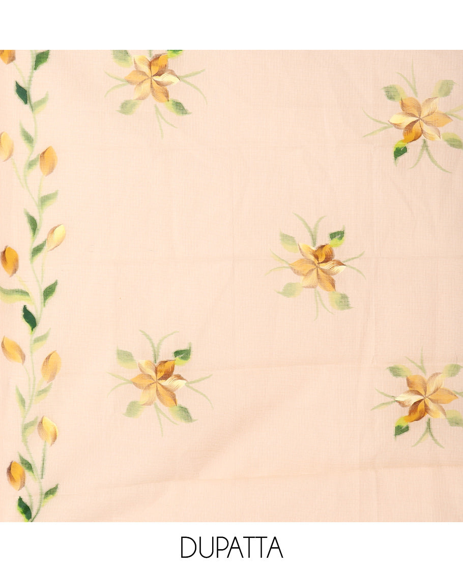 Chikku Net Kota Material Churidar, Adorned with Hand-Brush Painting Floral Printed Top, a Plain Bottom, and Hand-Brush Floral Printed Dupatta