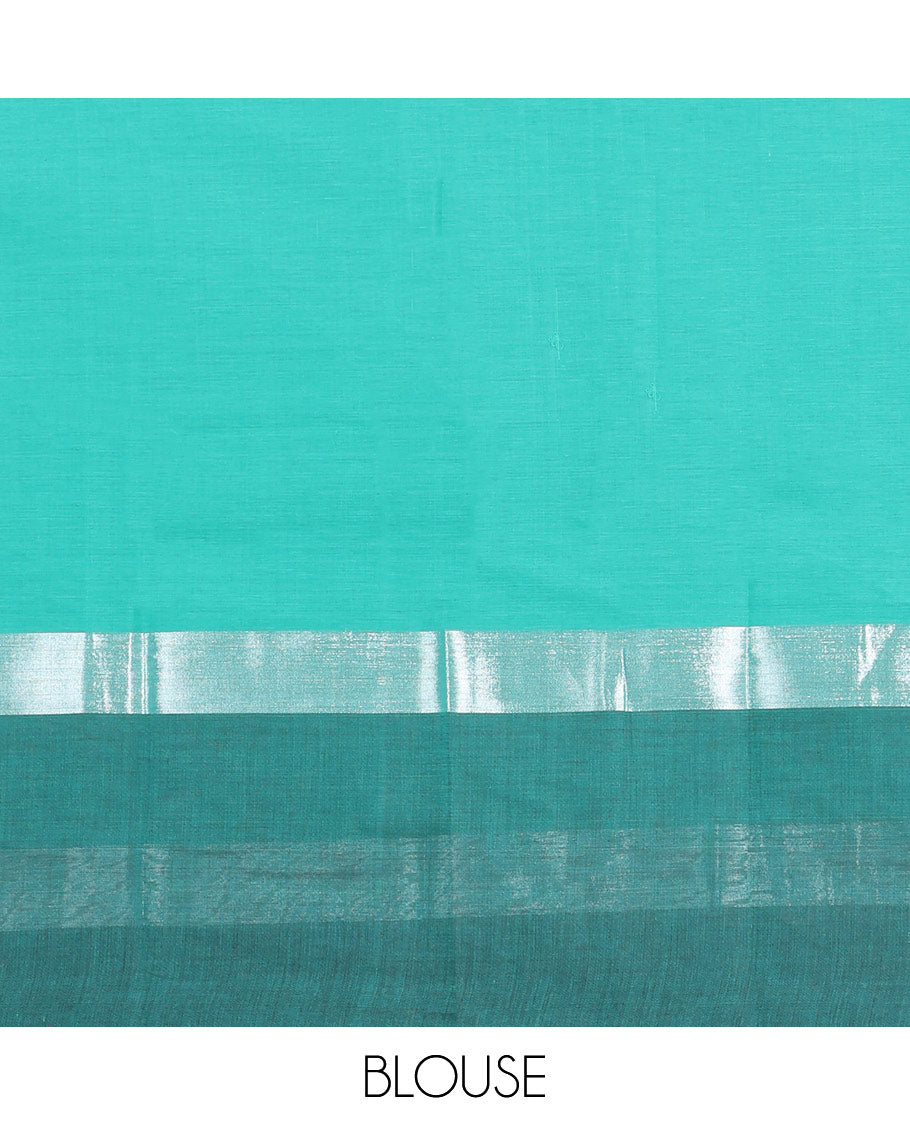 Turquoise Chirala Cotton Saree, Steeped with Buttas, a Contrast Floral Border, Printed Pallu, and a Contrast Blouse