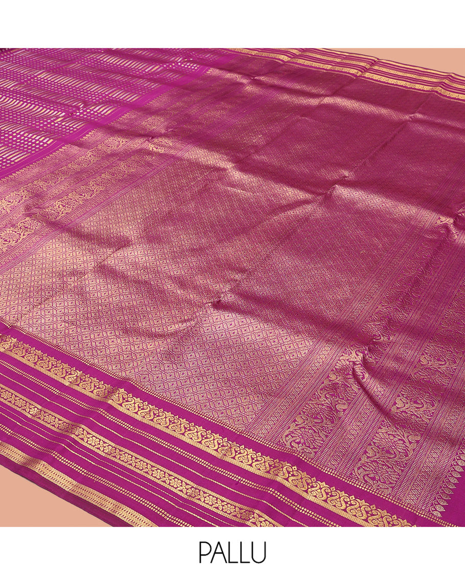 Purple Kanchipuram Designer Silk Saree, Steeped in Richness of Zari Buttas, Zari Border of Muthu, Banaras, and Cross Kamalam Design, Grand Pallu, and a Matching Blouse