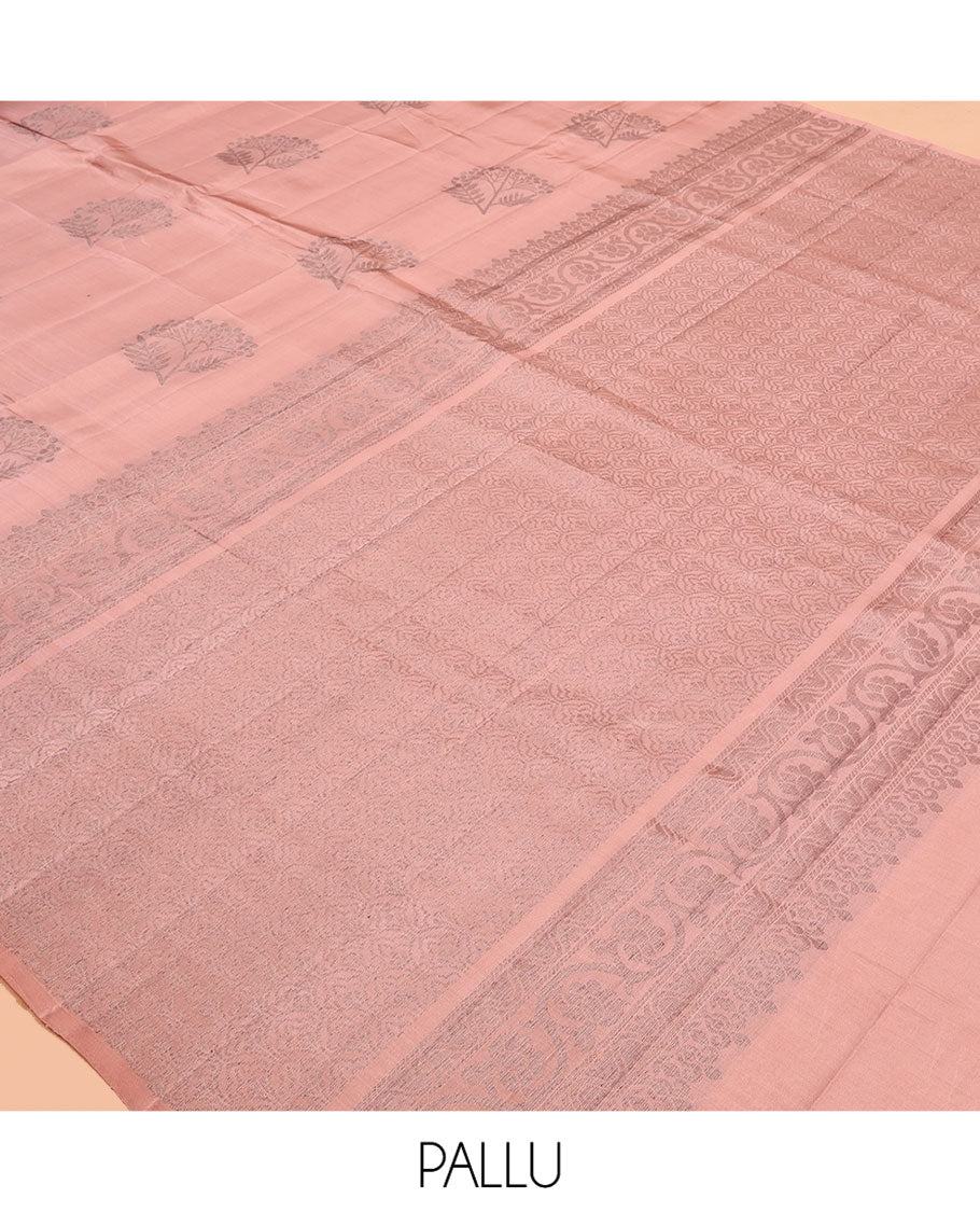 Borderless Zari Butta Peach Mayuri Lite Silk Mix Saree