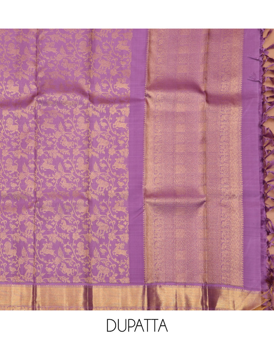 Green Pure Silk Half-Saree, Artfully Detailed with Mayil-Chakram Buttas on Its Skirt, Complemented by a Contrast Border of Rekku, Muthu, Diamond, Chakram, and Jaal Designs, Comes with a Contrast Blouse and a Dhavani of Jacquard Design