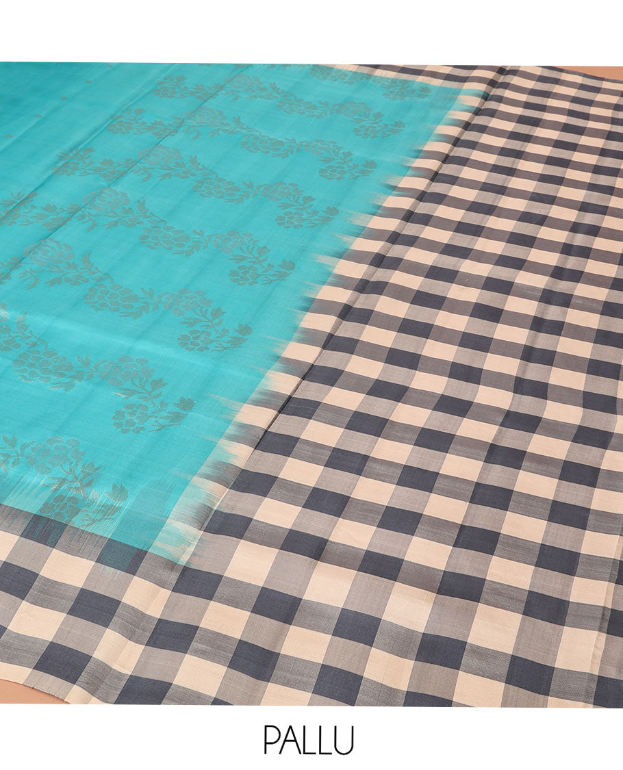 Blue Mayuri Soft Silk Saree, Steeped in Richness with Buttas and Floral Designs on Its Body, Complemented by Contrast Checked Border, Checked Pallu, and Paired with a Contrast Checked Blouse