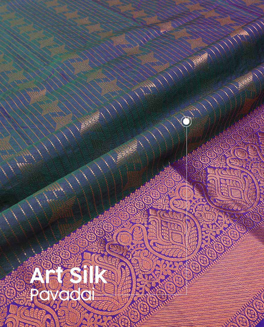 Blue geometric design art silk pavadai material with contrast zari design border & zari design blouse
