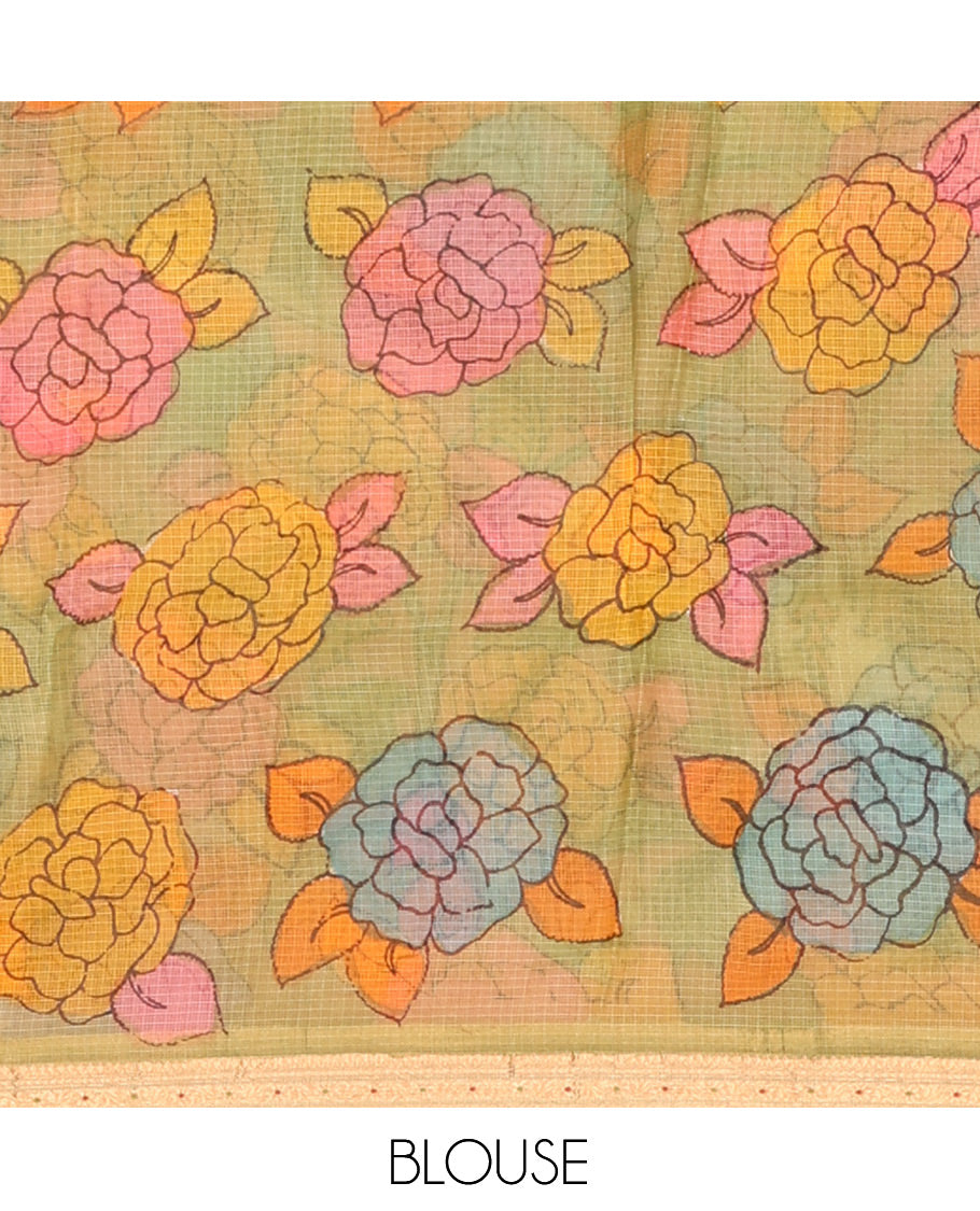 Pink Floral Vine Pen Kalamkari Silk Saree, Contrast Zari Border, God Motif Pallu, Contrast Blouse