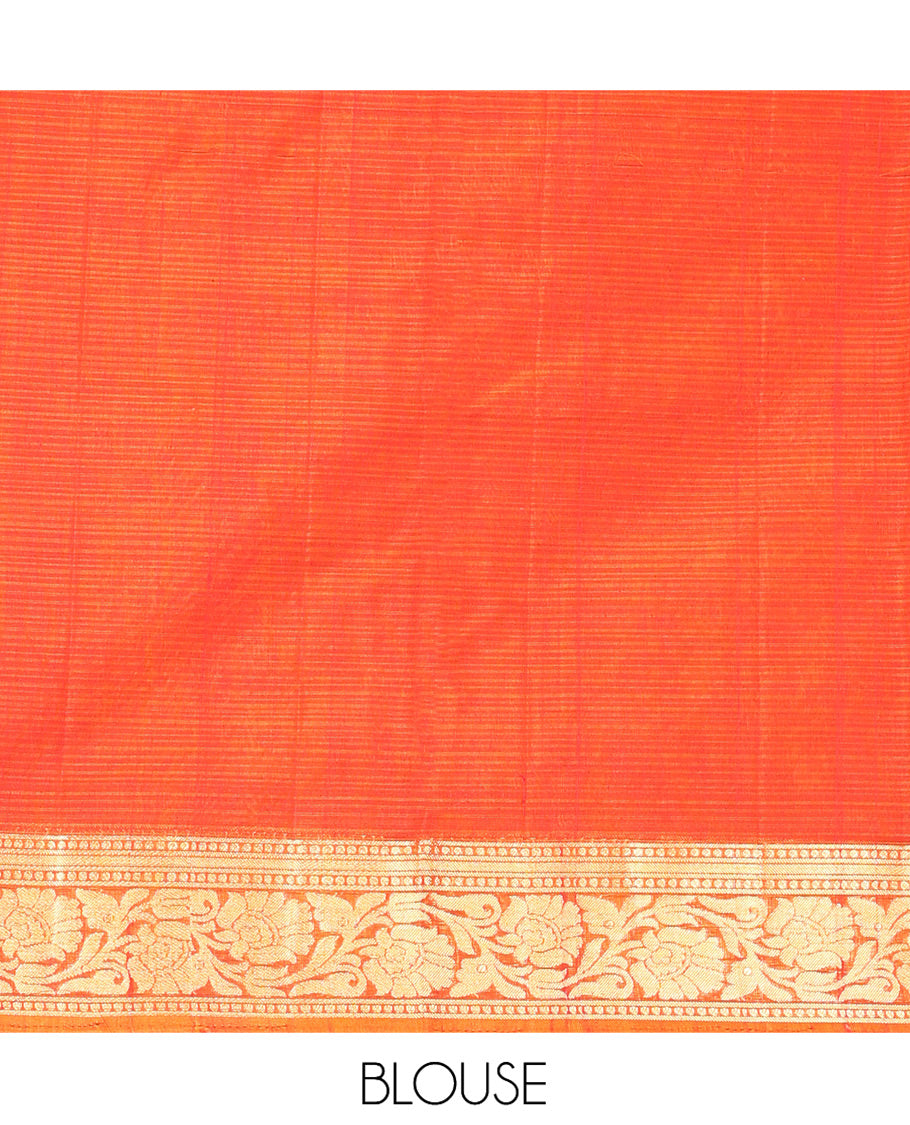 Red Silk Cotton Saree, Majestically Detailed with Zari Buttas and Stripes, a Contrast Floral Creeper Border, Floral Design Pallu, and a Matching Blouse
