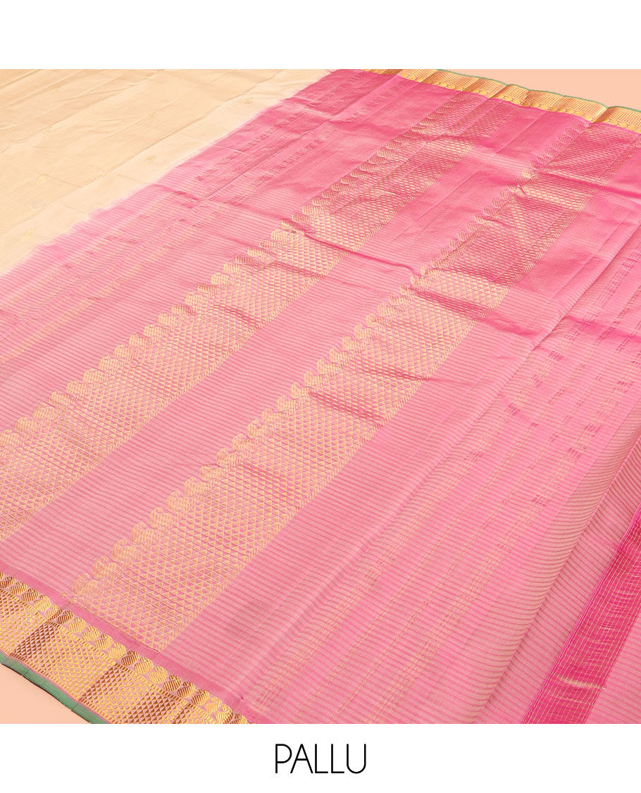 Sandal Vazhaipoo Striped Kanchipuram Silk Saree, Woven with Buttas, Complemented by a Contrast Border of Manga and Ara Maadam, Pallu of Ara Maadam Design, and Contrast Blouse