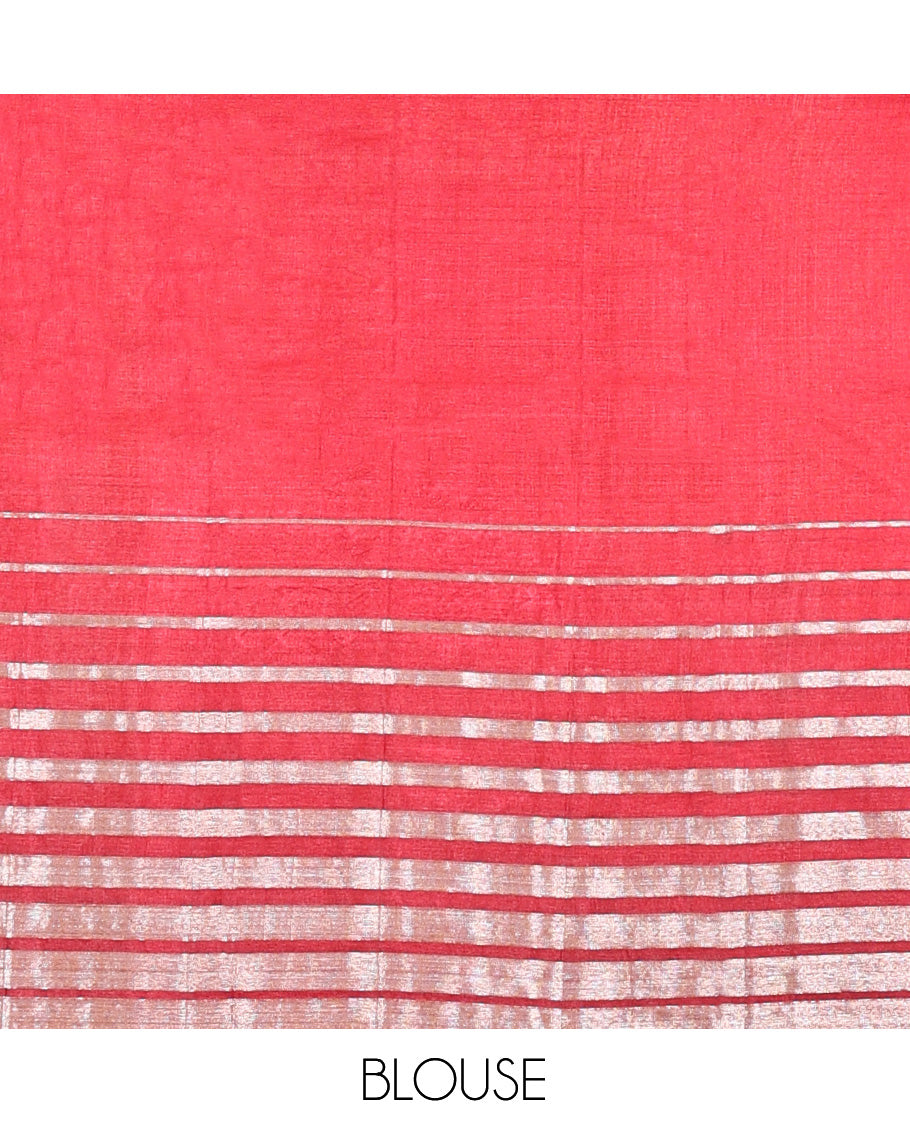 Borderless Red Tussar Silk Saree, Gracefully Embellished with Zari Stripes and Floral Buttas, Striped Pallu, and a Matching Blouse
