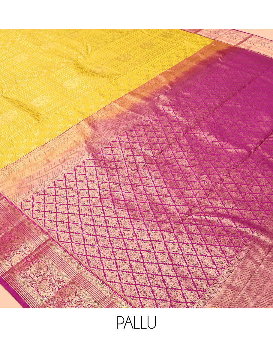 Yellow Vasundhara Lite Silk Mix Saree, Subtly Sparkled with Butta Enclosed Checks, a Contrast Border of Rekku and Kodi Visiry Designs, Jaal Pallu, and a Contrast Blouse