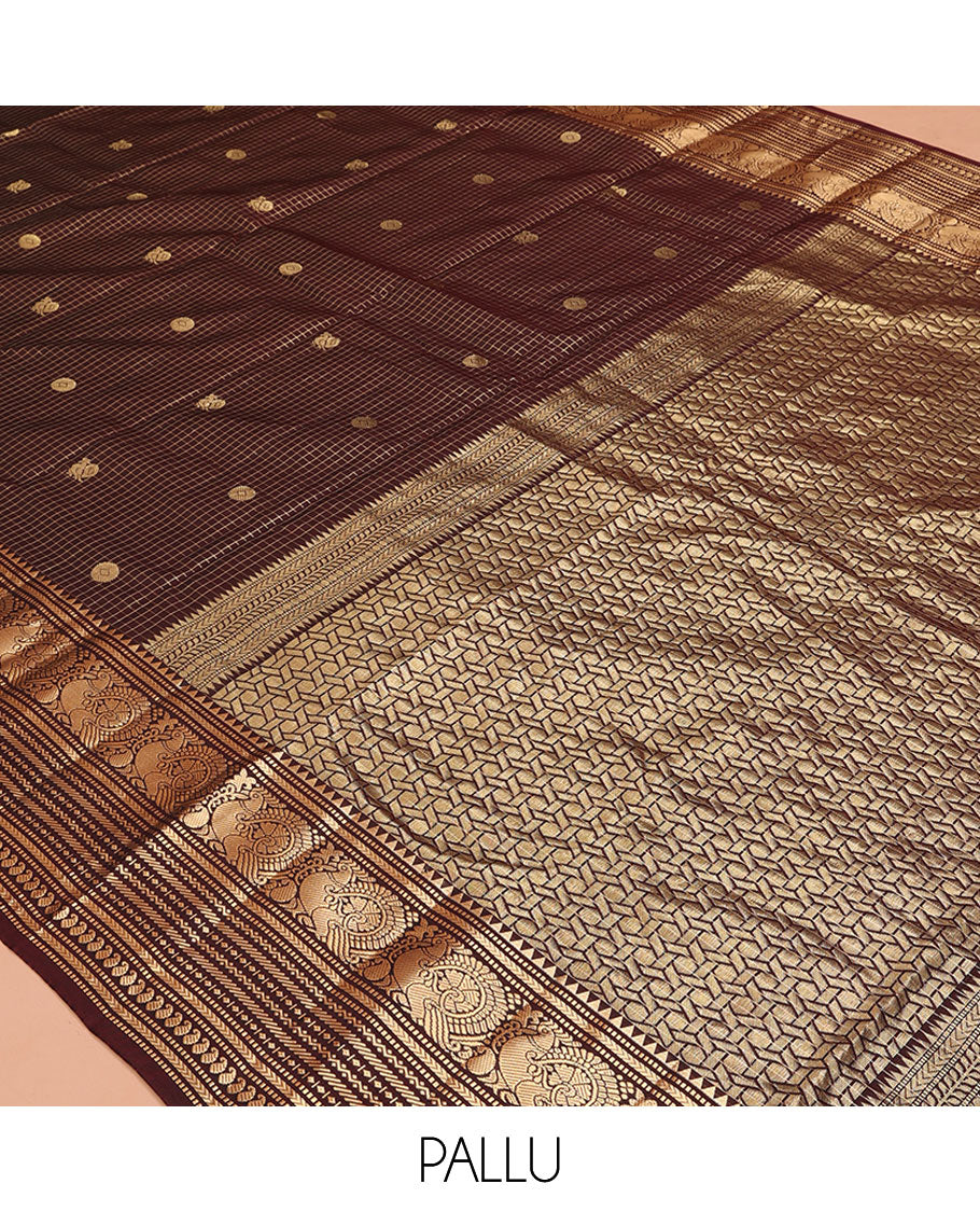 Brown Vasundhara Silk Saree, Masterfully Woven with Zari Buttas and Checks All Over Its Body, Highlighted by  Zari Border of Rekku, Muthu, Kathir, Mayil, Neli, and Manga Designs, Grand Pallu, and Paired with a Contrast Blouse
