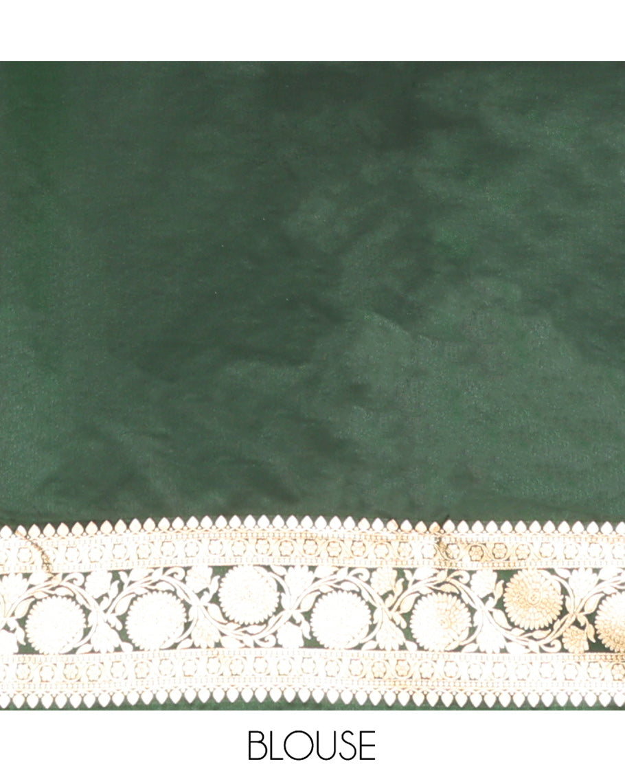 Green Banarasi Nylon Saree, Gleamed Up with Floral Jaal Jacquard, Highlighted by Traditional Zari Border, Intricate Pallu, and a Matching Blouse