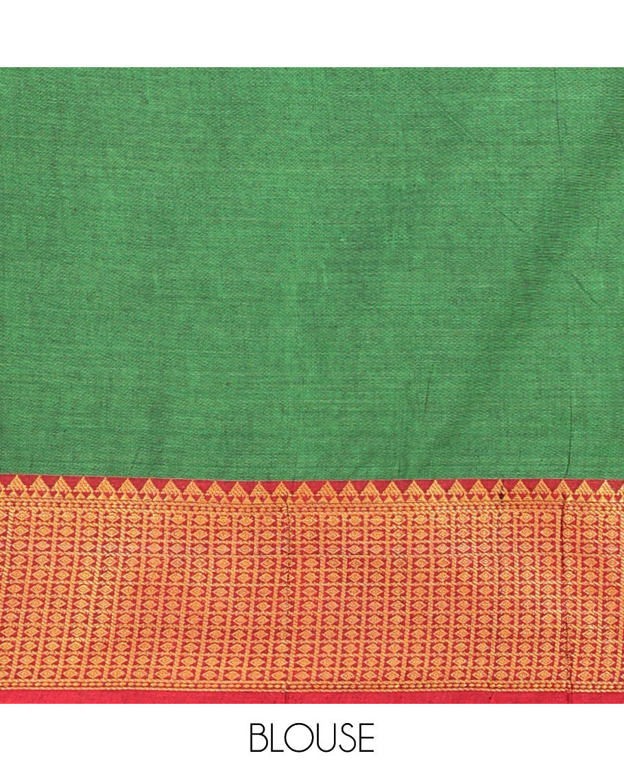 Green cotton half saree with self zari design border, zari design blouse & plain, temple, checked design border dhavani