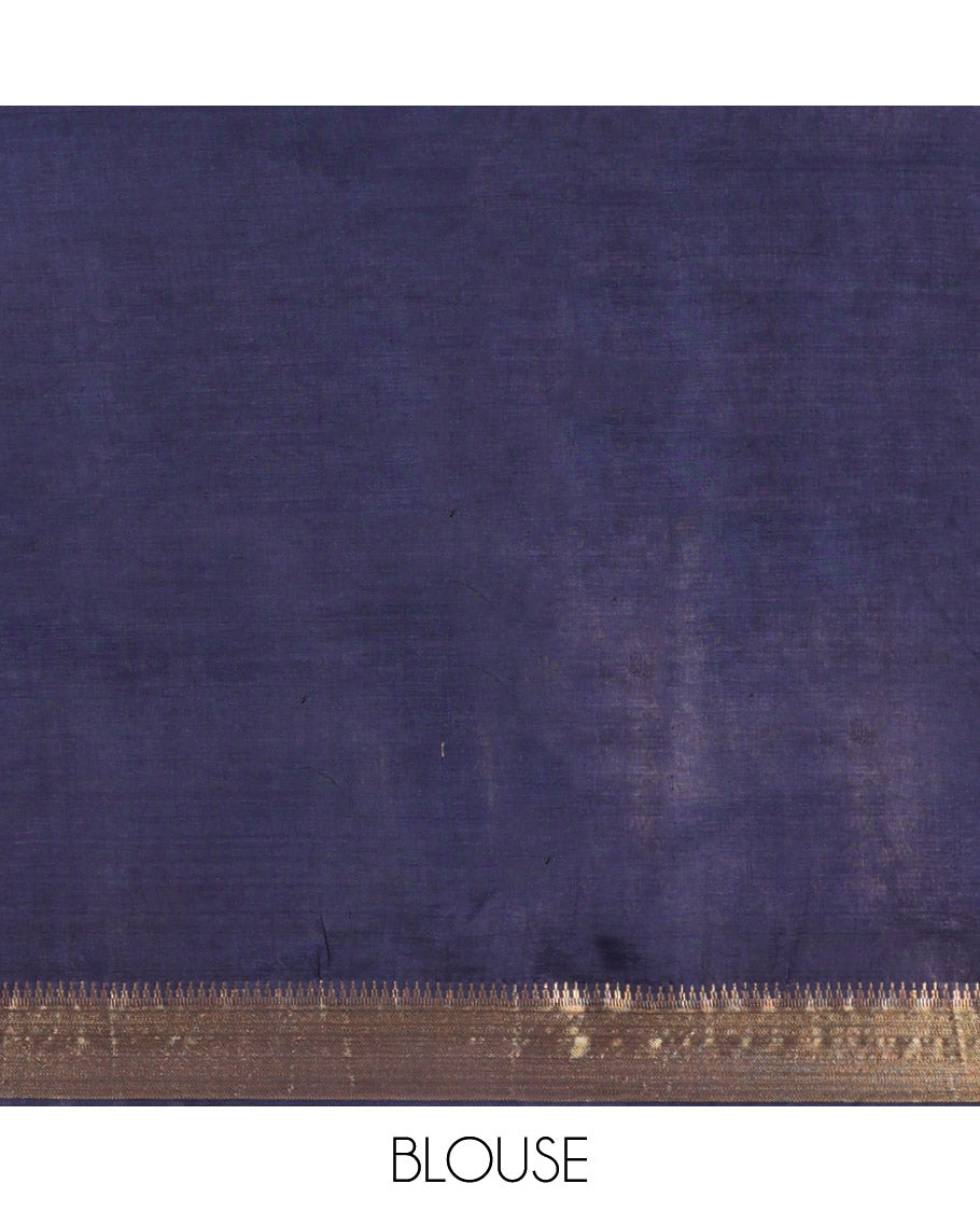 Navy Blue Banana Pith Saree, Embellished with Zari Buttas, a Zari Temple Border, Striped Pallu, and Matching Blouse